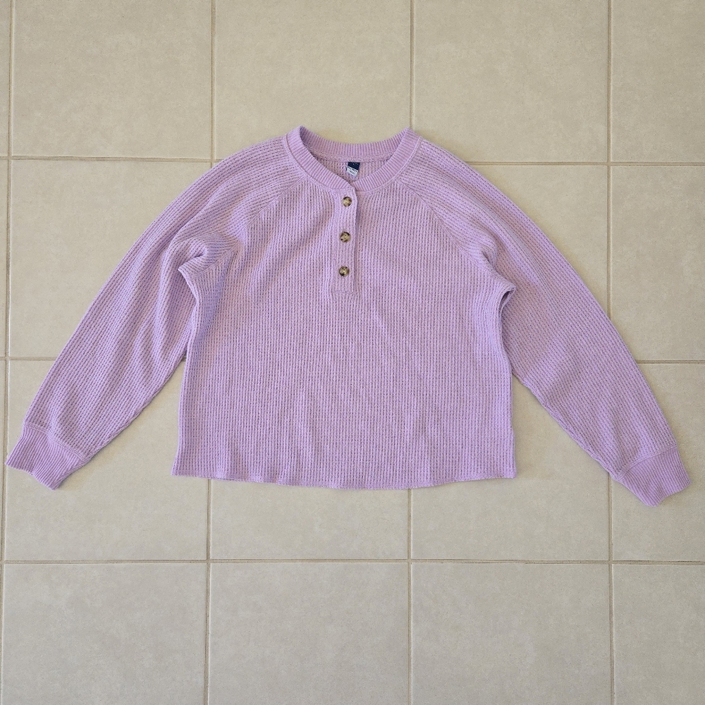 Old Navy Womens L Purple Plush Tee Henley Waffle Thermal Top Heavy Knit Boxy